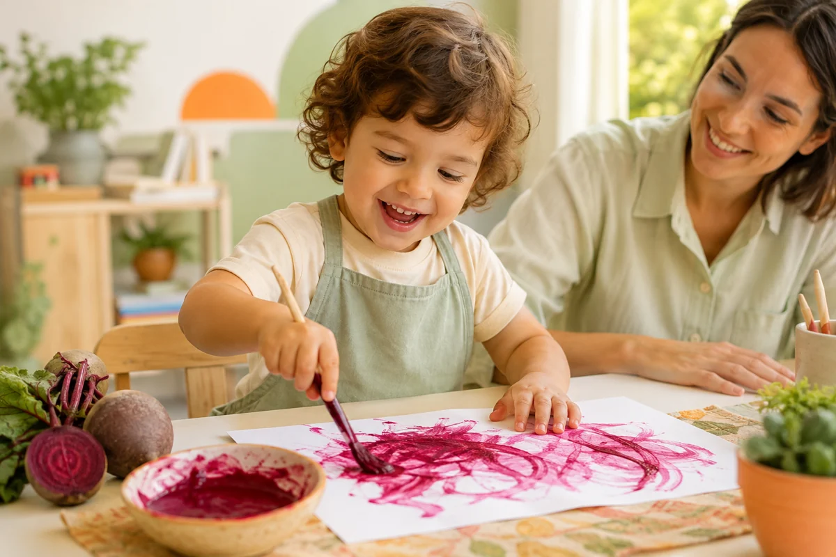 Criança pintando com tinta natural de beterraba