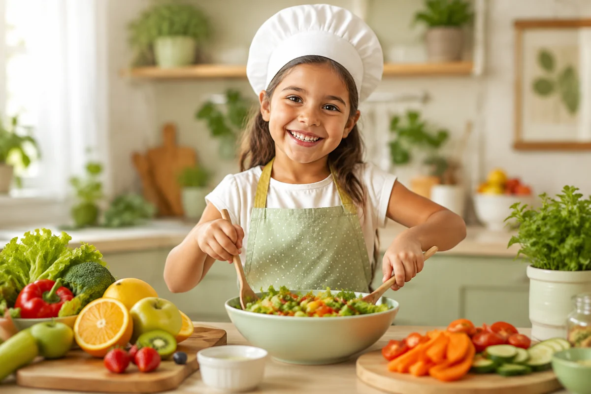 Criança com touca de chef preparando uma receita saudável