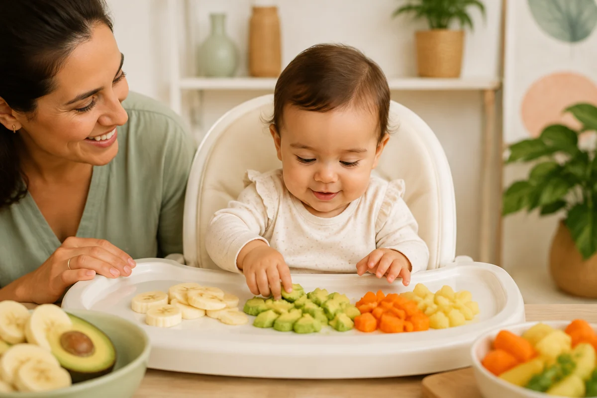 Bebê explorando alimentos com a participação da mãe